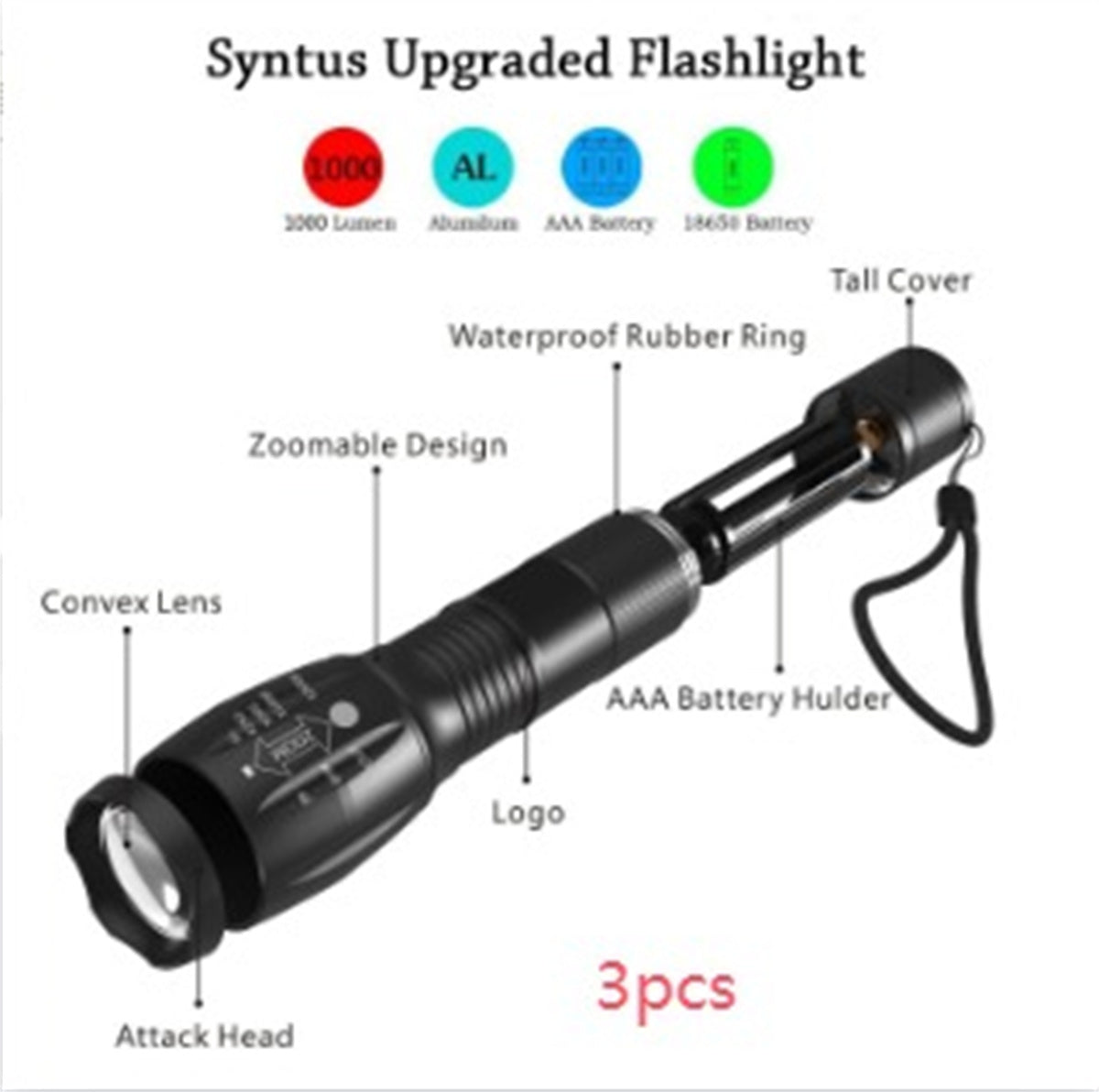 Portable Mini LED Flashlight Zoomable Torch for Hunting